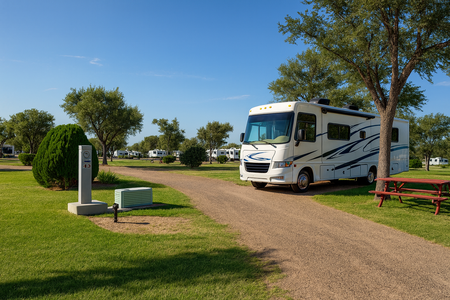 Motorhome parked in a campground with trees and picnic table in the background