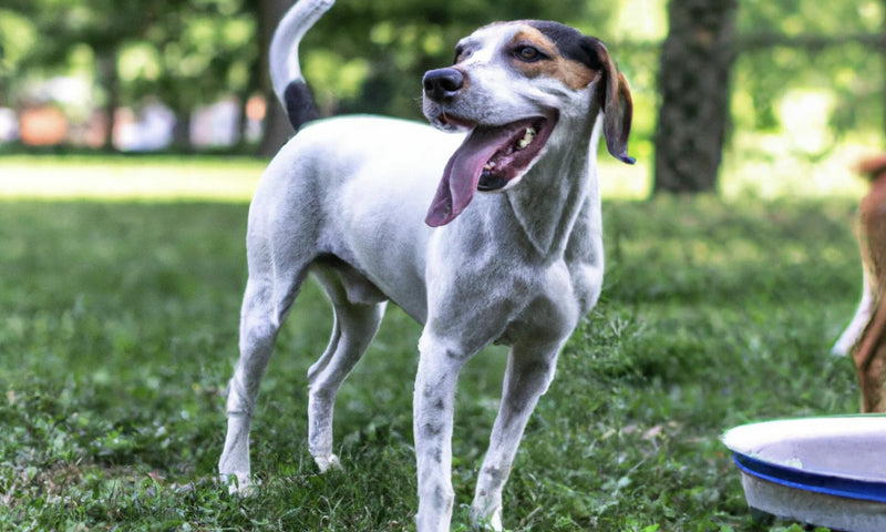 Dog standing on grass with a park-like background