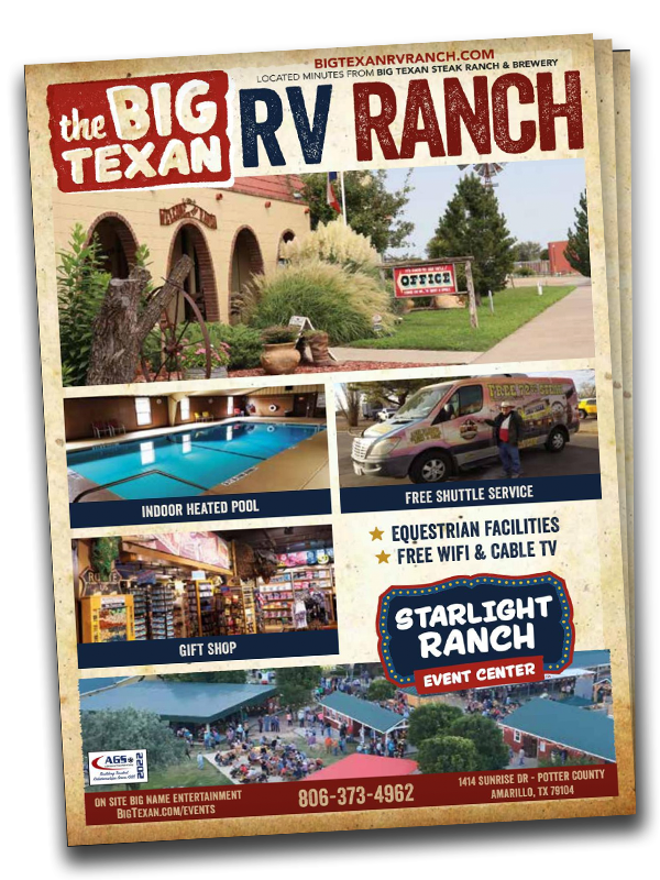 booklet for Big Texan RV Ranch with various facilities and services listed.