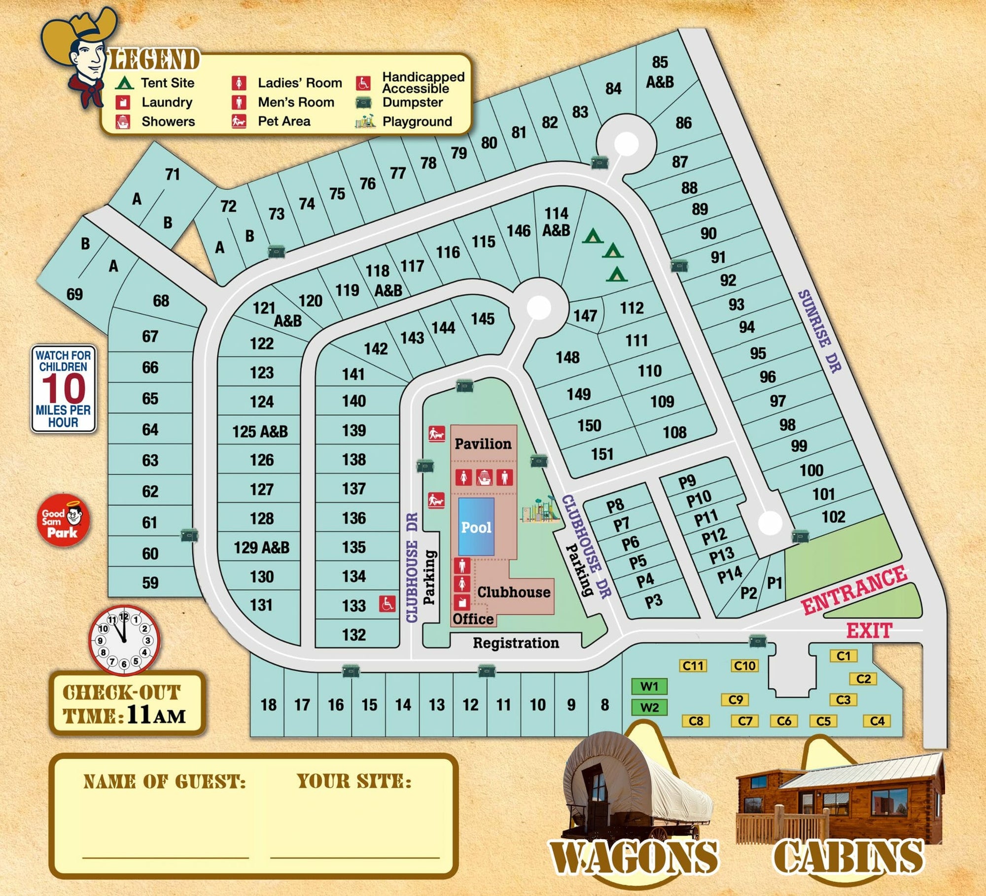 Site map of a campground with various amenities and layout on a beige background.