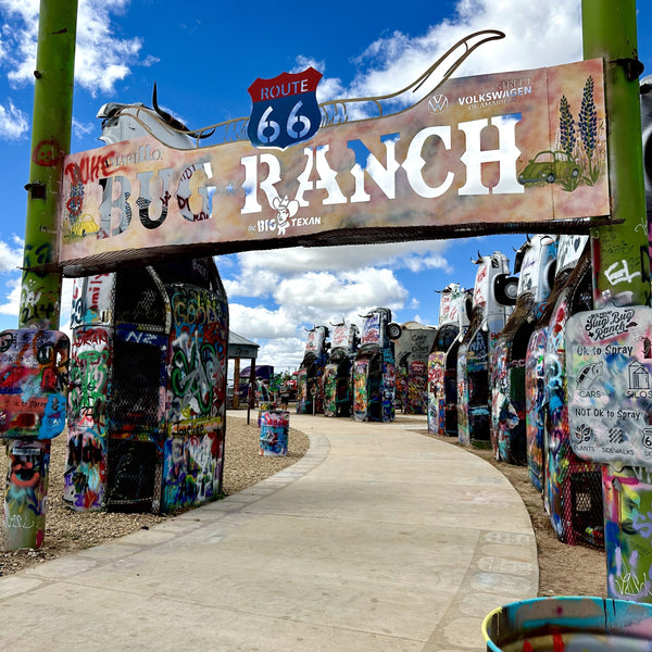 Colorful entrance to The Bug Ranch with Route 66 sign and various painted cars.