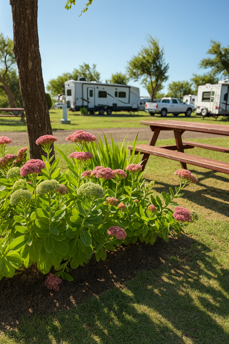Garden with pink flowers and green leaves in a park setting with picnic tables and RVs in the background.