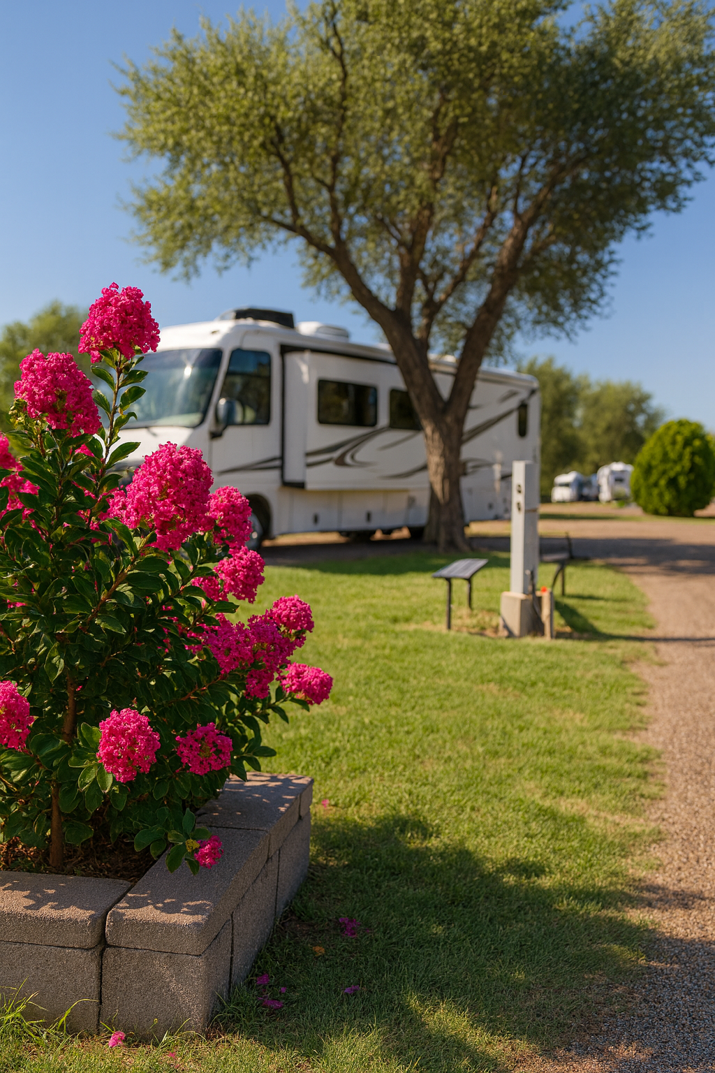 RV parked in a campground with pink flowers and a tree in the foreground
