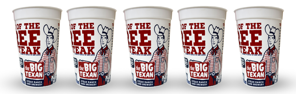 Five white plastic cups with 'Big Texan' branding on a white background