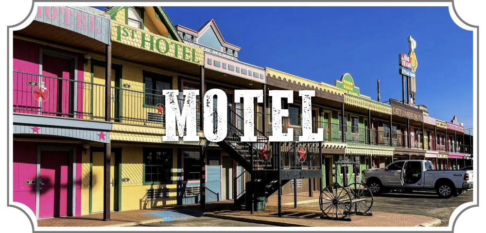 Colorful motel building with 'Motel' text overlay on a clear day.