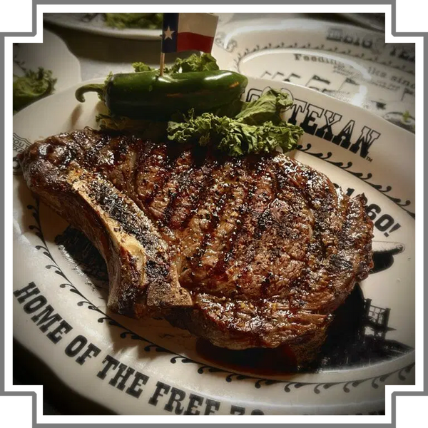 Grilled steak on a plate with a Texas-themed design