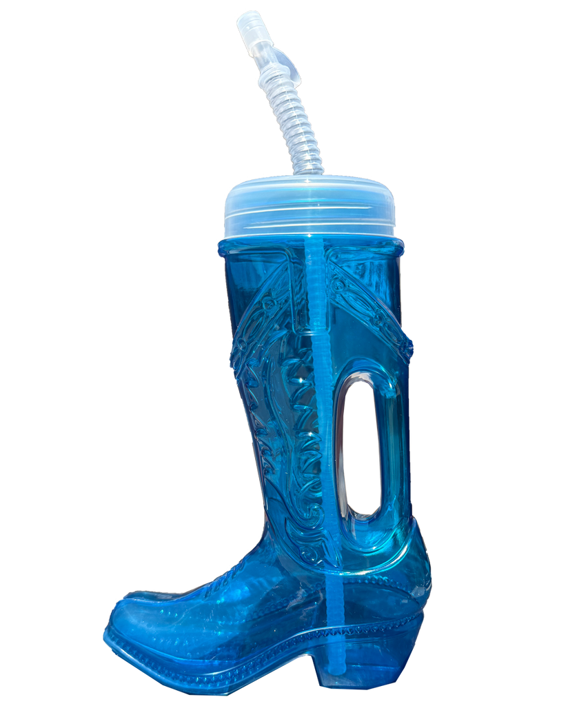 Large blue boot-shaped bottle with a clear lid and straw 