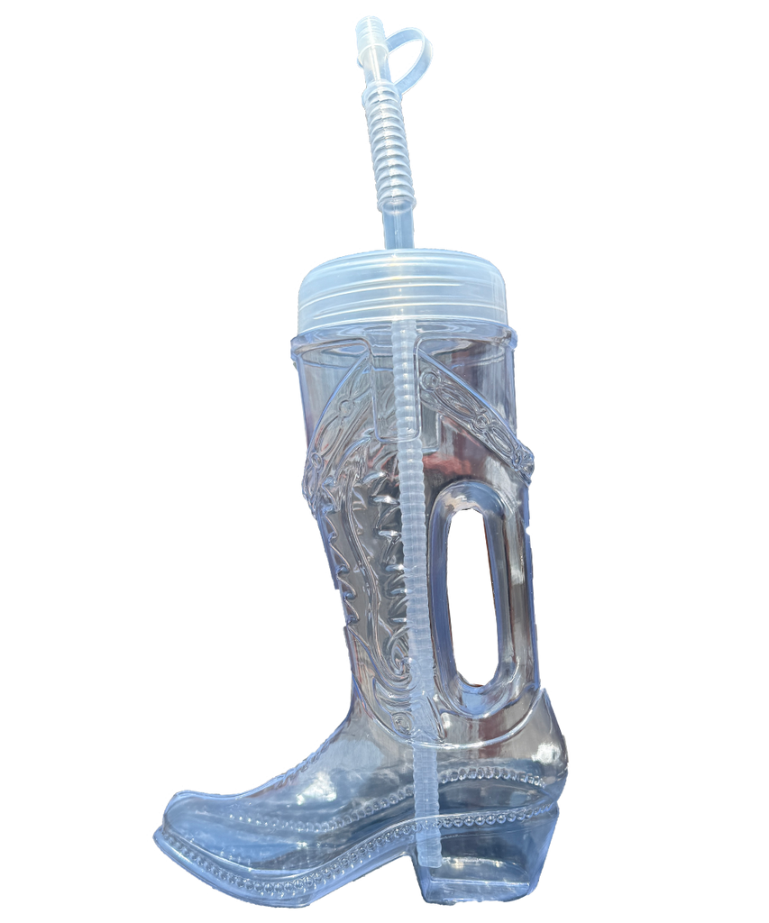 Large clear boot-shaped bottle with a clear lid and straw 