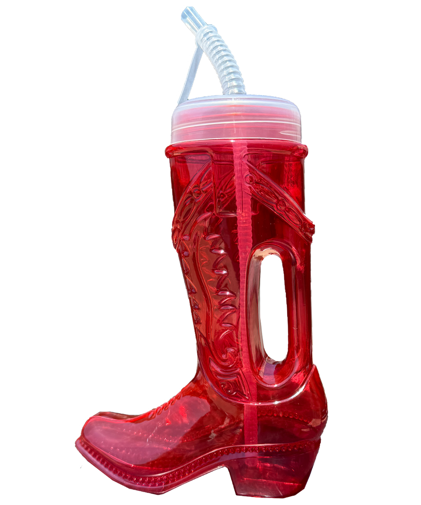 Large red boot-shaped bottle with a clear lid and straw 