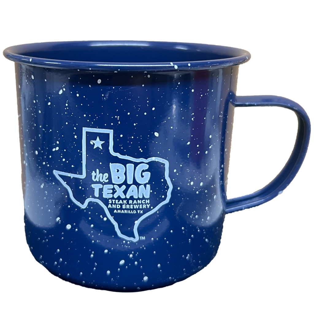 Blue mug with a white graphic of the 'The Big Texan' inside the shape of Texas.