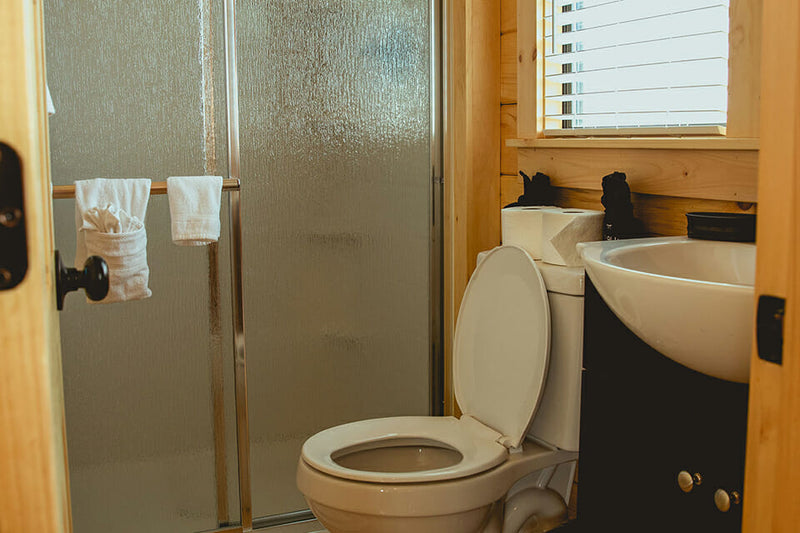 Bathroom with toilet, sink, and shower in a wooden cabin.
