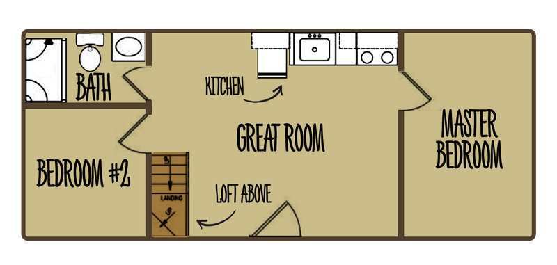 Floor plan diagram of a residential layout with labeled rooms. showing two bedrooms, one bath, one kitchen, a great room and a loft.