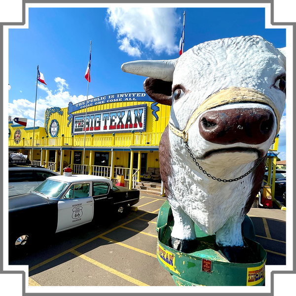 Statue of a bull in front of a the big texan building in the background