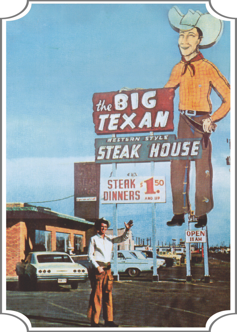 Vintage photo The Big Texan Steak Ranch with a cowboy waving in front of the restaurant.
