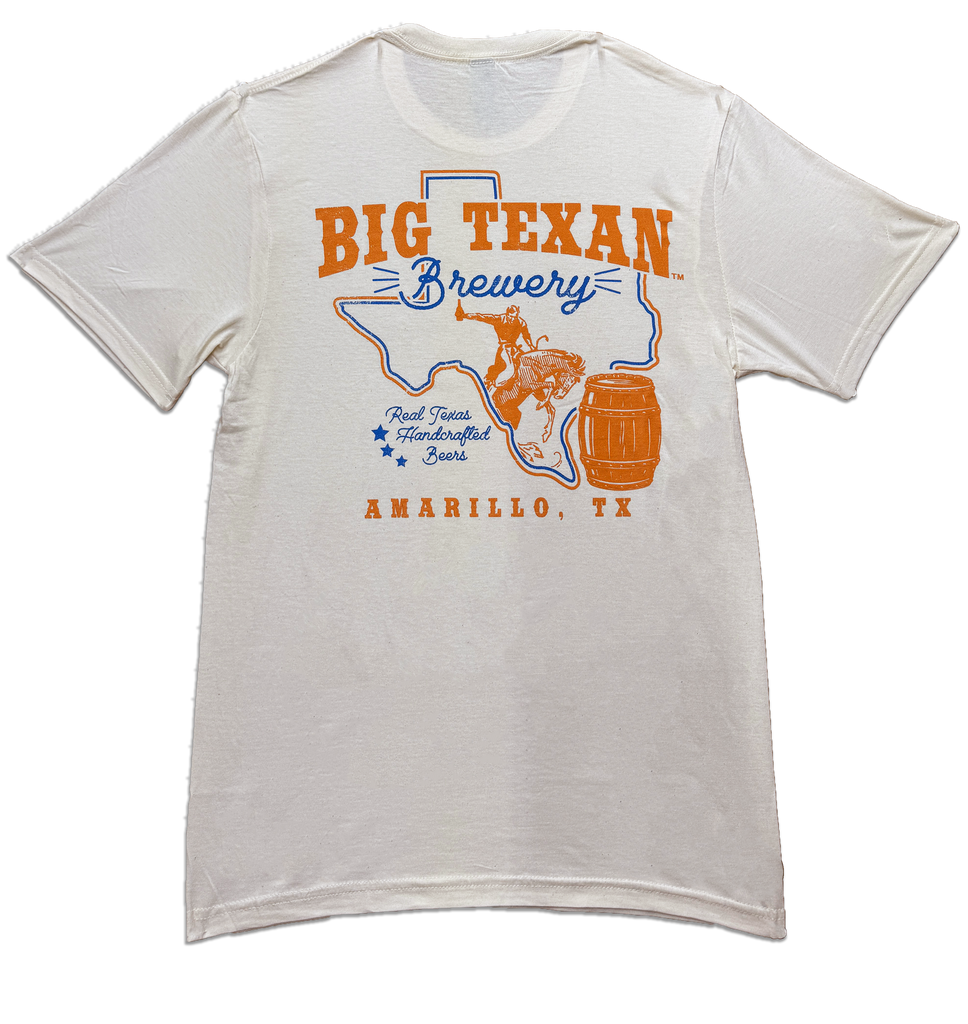 Off white big Texan T-shirt with a graphic reading 'Big Texan Brewery' with the shape of Texas and a horseback rider next to a barrel printed in orange and blue ink.