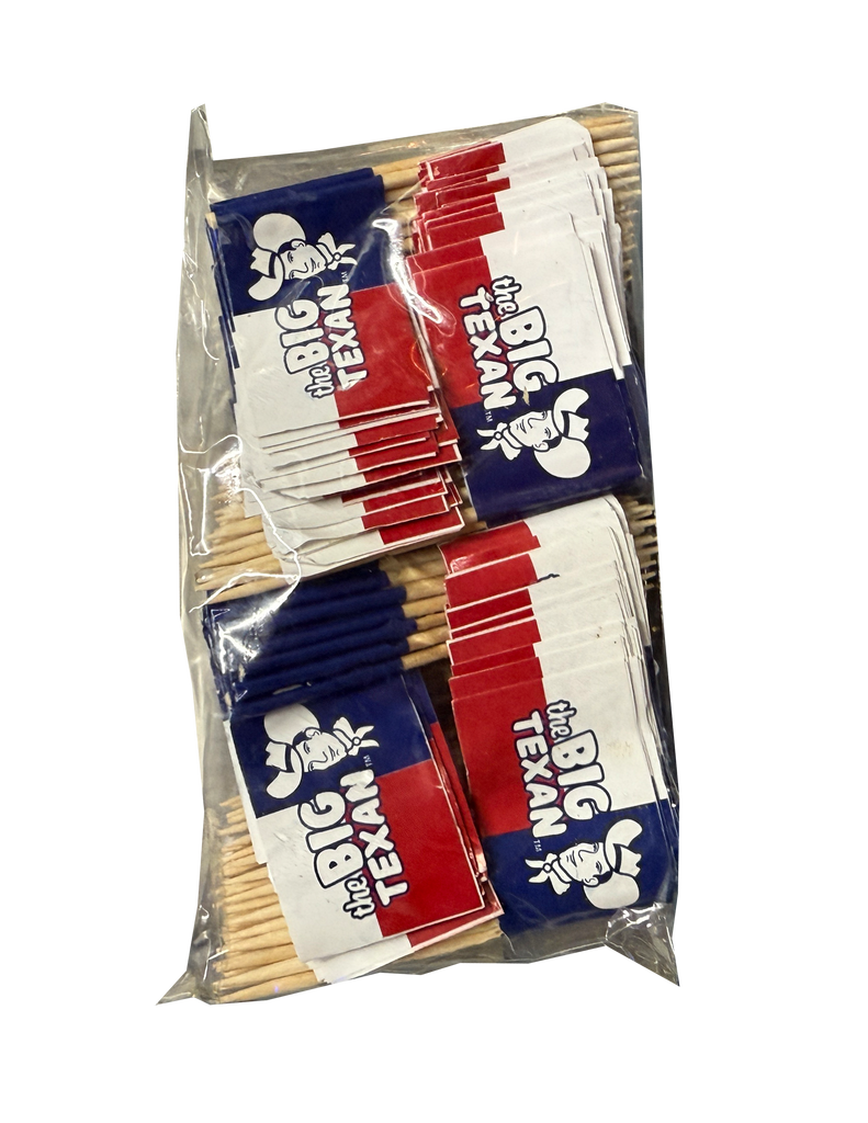 Packaged of 200 toothpicks with 'The Big Texan' flag on them in a plastic bag