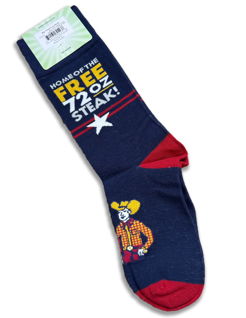 Navy blue socks with 'Home of the free 72oz steak! Amarillo Texas on the side and the Big Texan cowboy sign above the toes