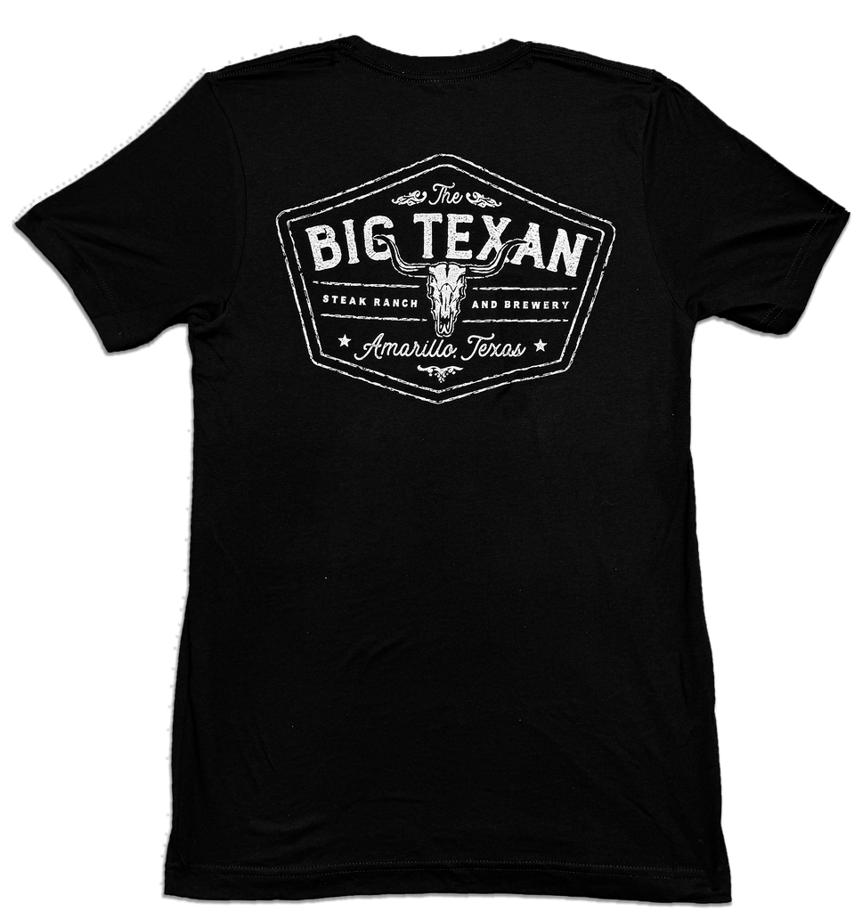 Black t-shirt that reads in white printed text 'the Big Texan' and features a cowskull