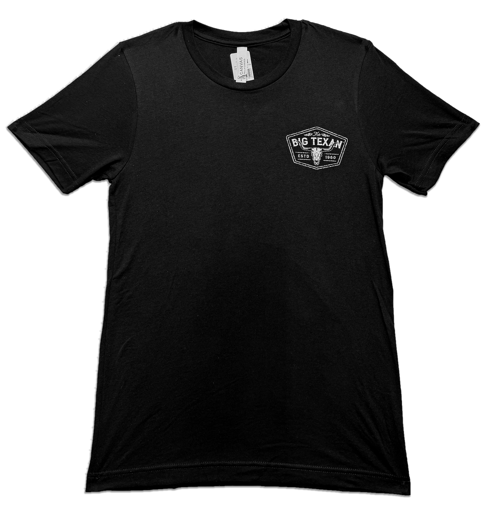 Black t-shirt that has a small graphic on the top right side that reads in white printed text 'the Big Texan' and features a cowskull