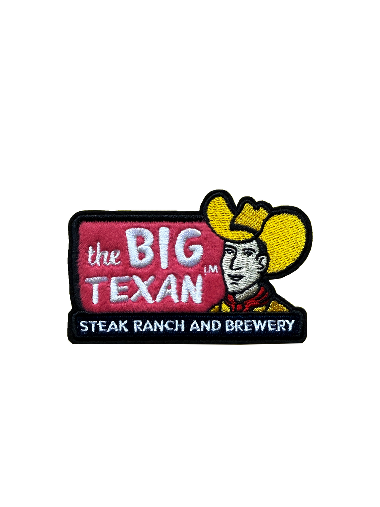 The Big Texan plush sticker patch featuring the Big Texan sign on the left and the Big Texan Cowboy head on the right with 'steak Ranch and brewery' on the bottom.