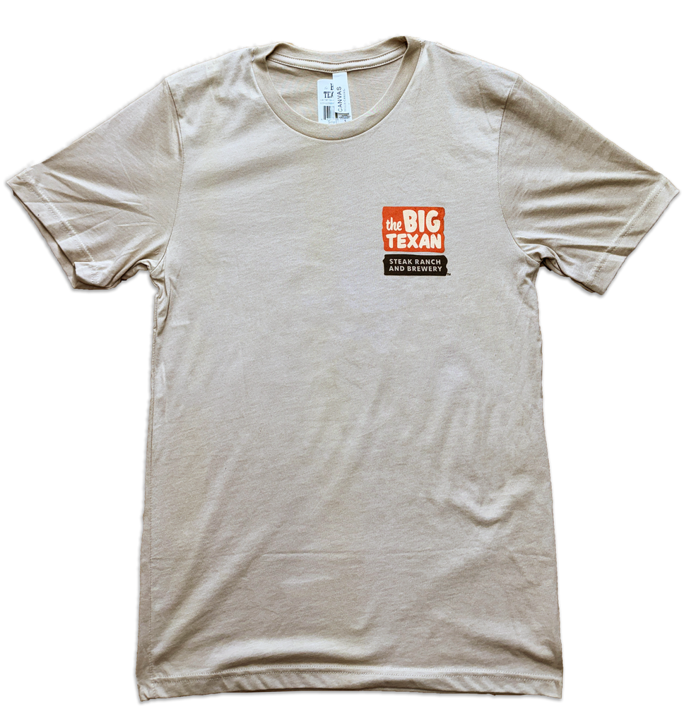 Front of Beige t-shirt with 'the BIG TEXAN' logo on the right, top side 