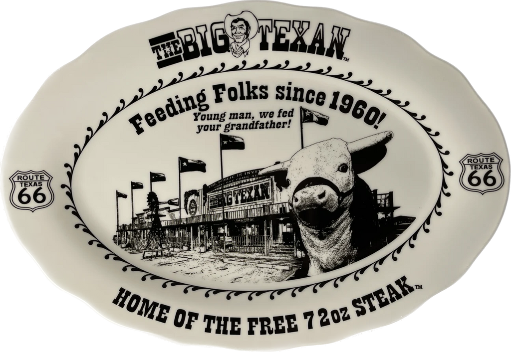 Decorative plate with 'The Big Texan' branding and a cow illustration on a white background.