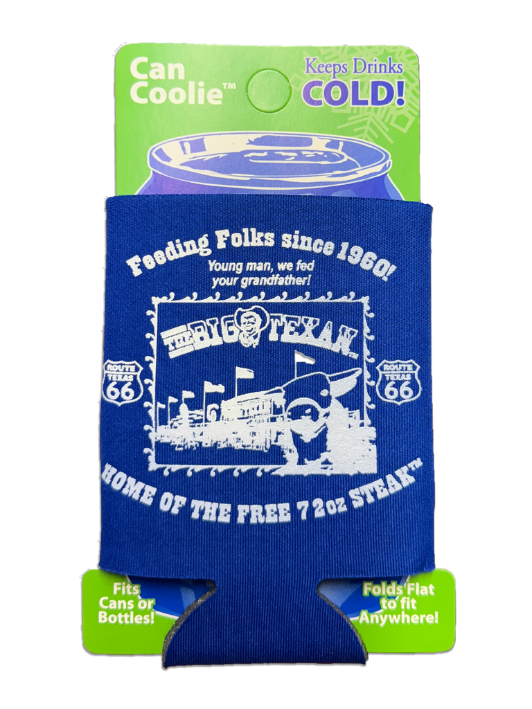 Blue can sleeve with white text and graphics showing the front of the Big Texan Restaurant 