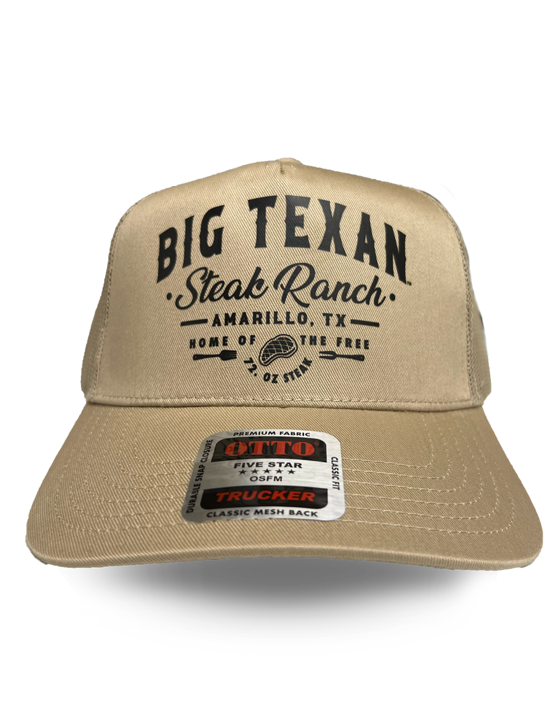 Front view of tan trucker cap with 'Big Texan Steak Ranch Amarillo TX Home of the free 72oz steak' text in black lettering