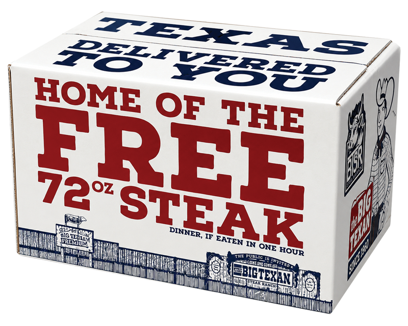 A white box for Big Texan, featuring bold red and navy blue text that reads 'TEXAS DELIVERED TO YOU' and 'HOME OF THE FREE 72oz STEAK'. The side panel shows a cartoon steer and the Big Texan logo.