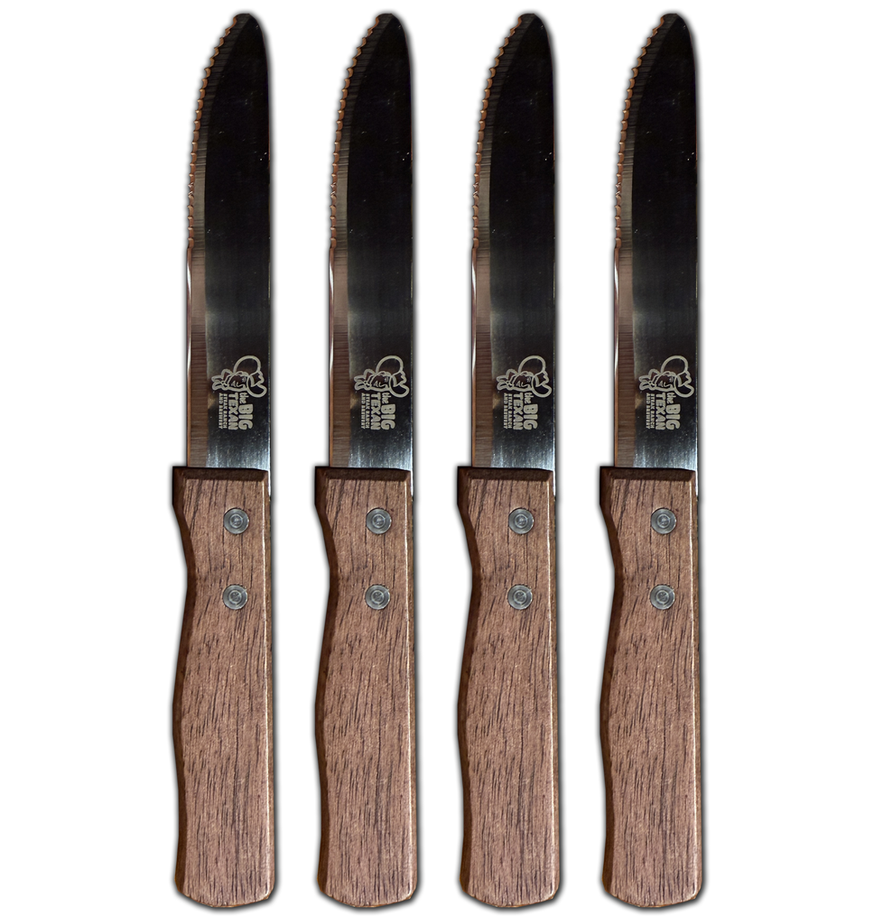 4 Steak knifes with wooden handle and stainless steel blade with the Big Texan logo laser engraved on the blade.