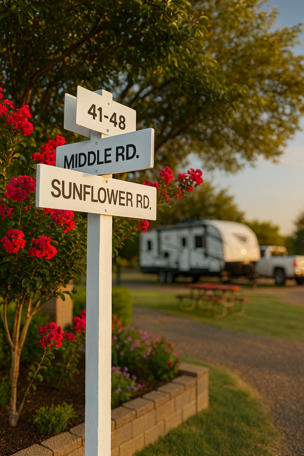 Street sign for Sunflower Rd with a scenic background of trees and a camper.