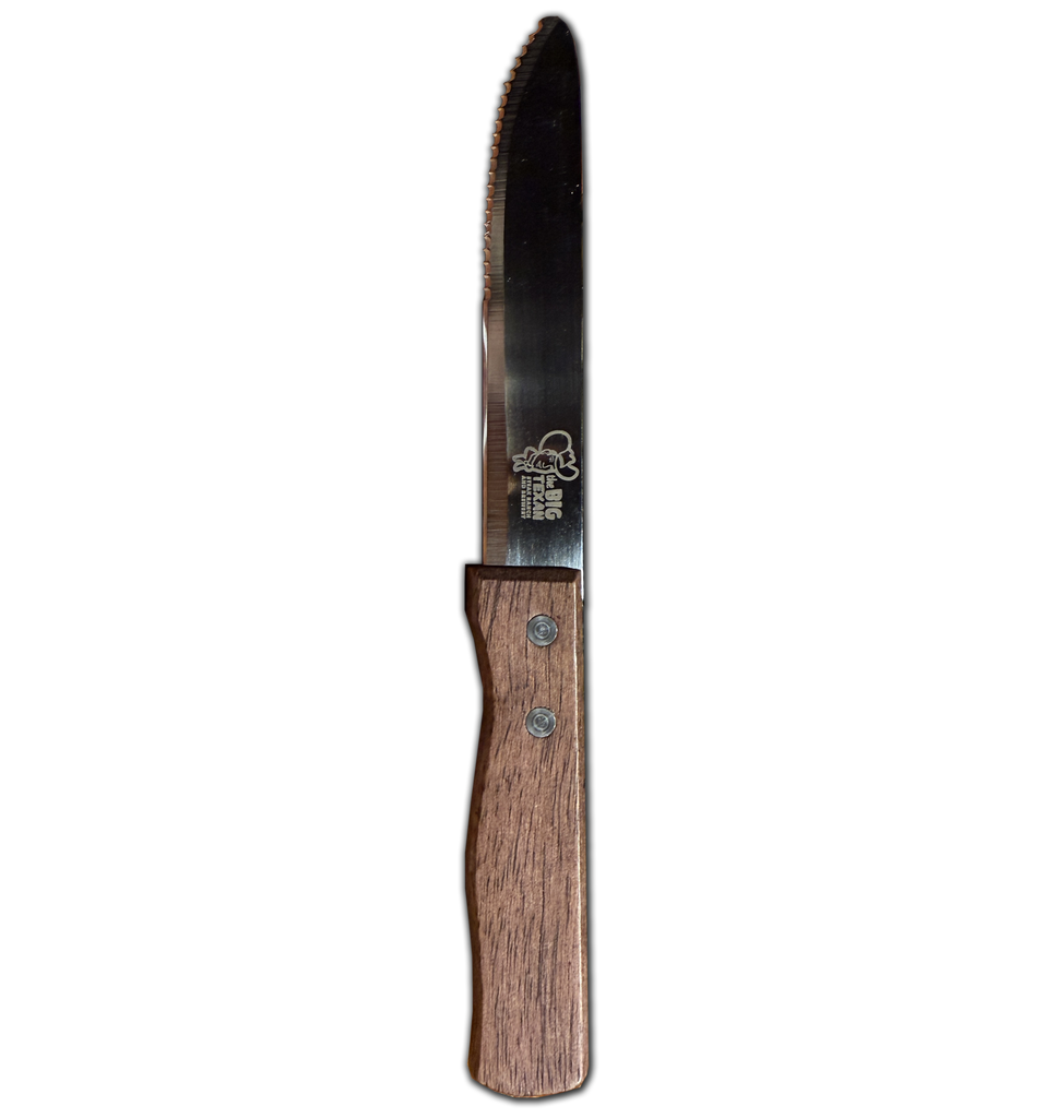Knife with wooden handle and stainless steel blade with the Big Texan logo laser engraved on the blade.