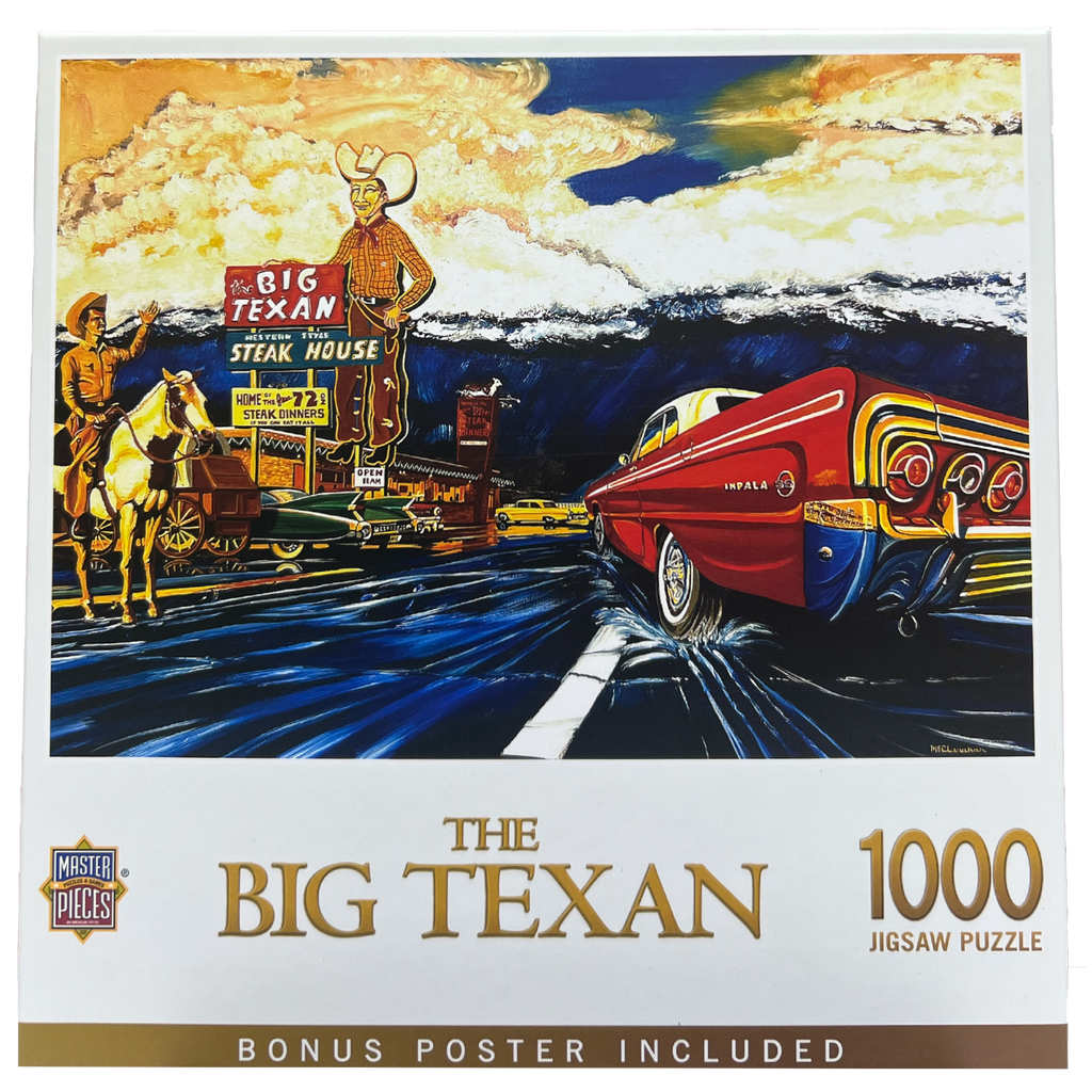 Jigsaw puzzle box featuring 'The Big Texan' steak ranch with a vintage Cadillac Car on the right and the old 1960 Big Texan building on the left.  
