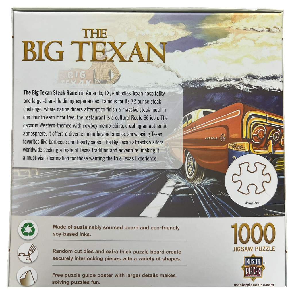 Jigsaw puzzle box featuring 'The Big Texan' featuring a the a paragraph of the Big Texan and displaying '1000' Jigsaw puzzle pieces.
