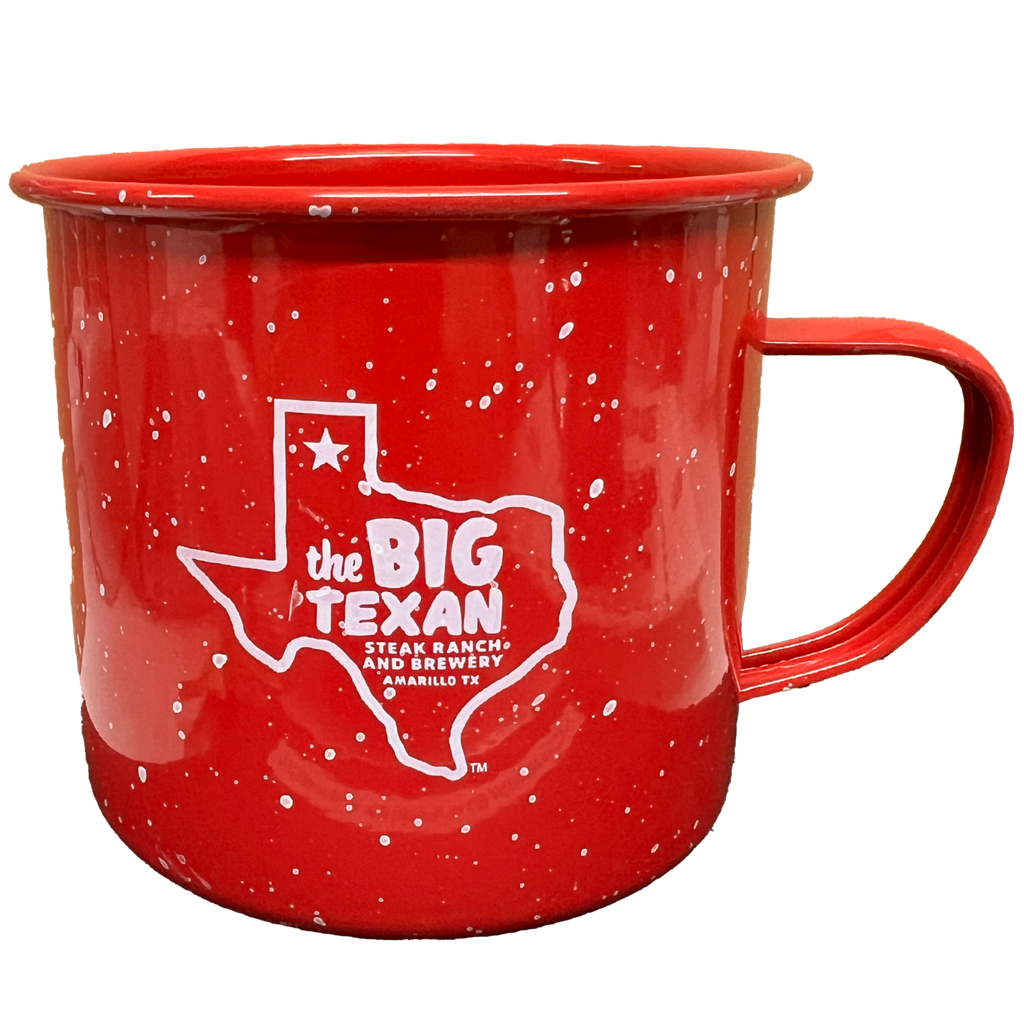 Red mug with a white graphic of the 'The Big Texan' inside the shape of Texas.