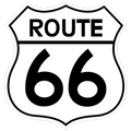 Route 66 sign with black text and numbers on a white background