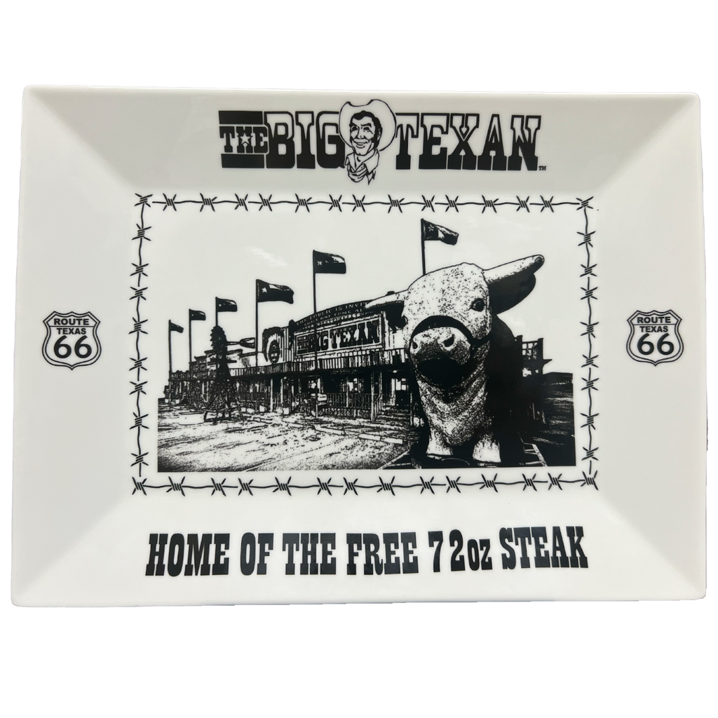 Rectangular tray with 'The Big Texan' branding and a graphic of a the Big Texan building.