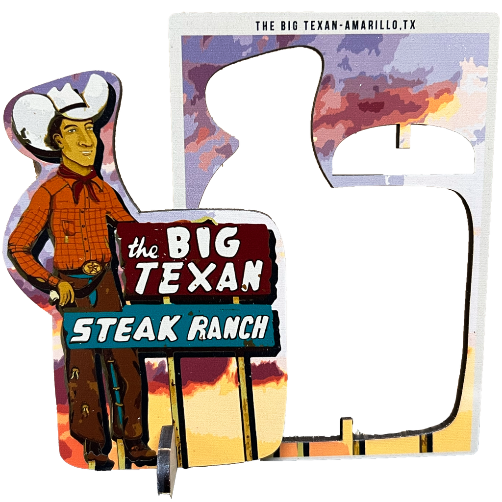 Big Texan Cowboy sign wood panel that has a punch out dye-cut with display stand.
