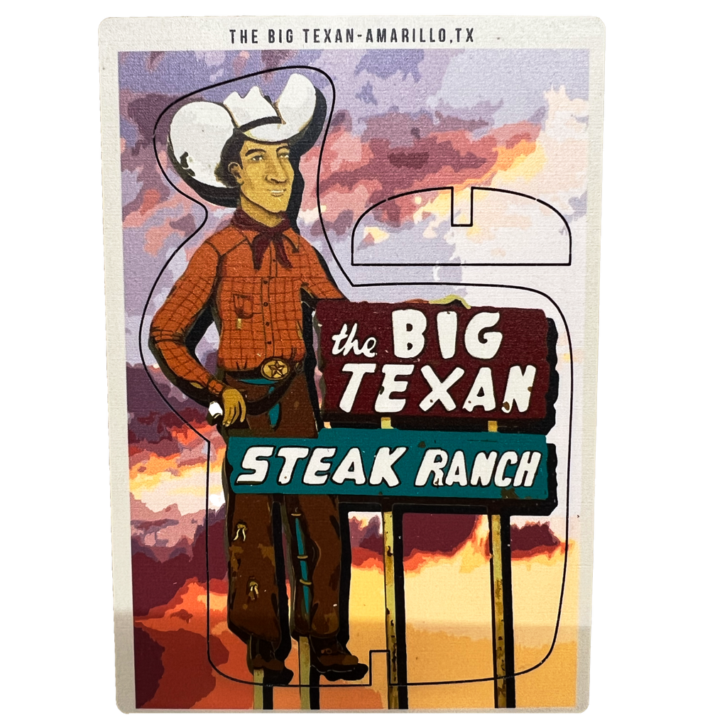 Big Texan Cowboy sign wood panel that has a punch out dye-cut with display stand.