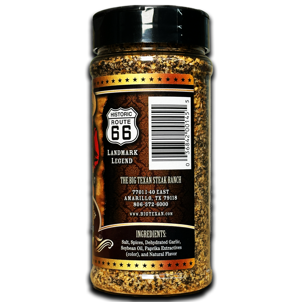 side view of big texan steak seasoning showing ingredients and big texan steak ranch address