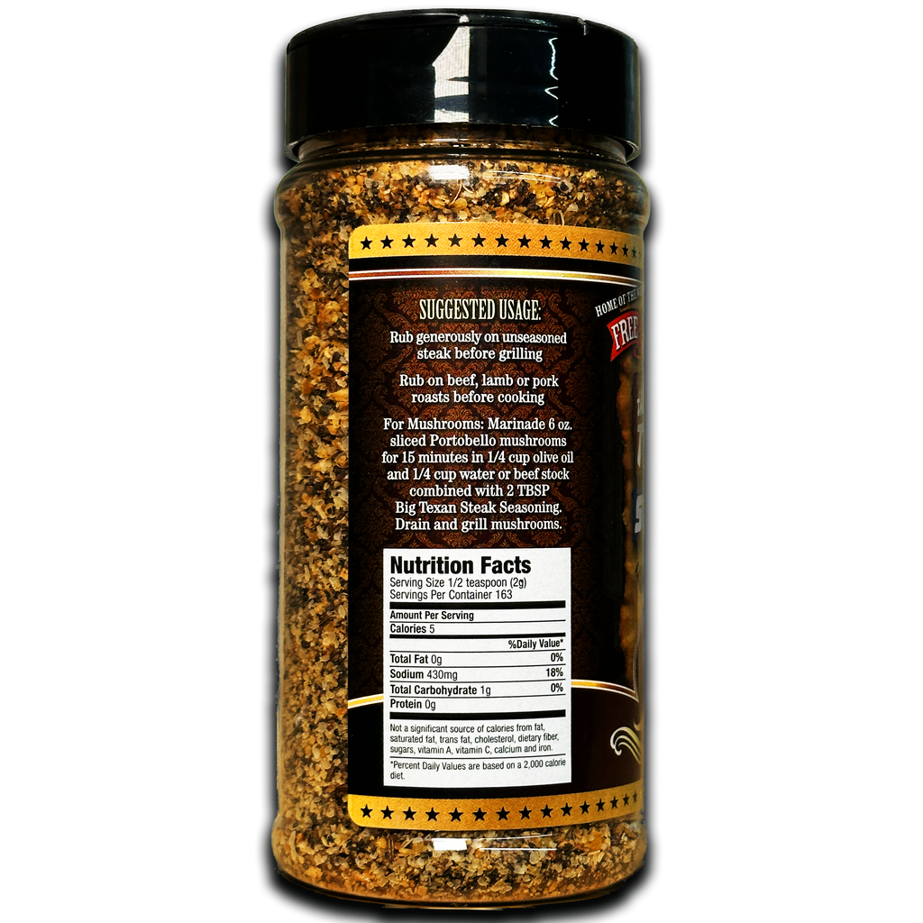 Side view of Big Texan steak seasoning  showing nutrition facts and cooking tips